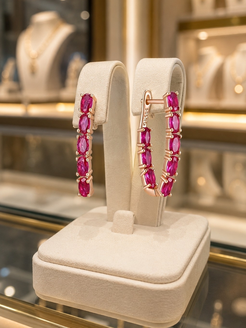 Rose Gold Plated Hoop Earrings with Red Zircon Stones - Picture 7 of 7